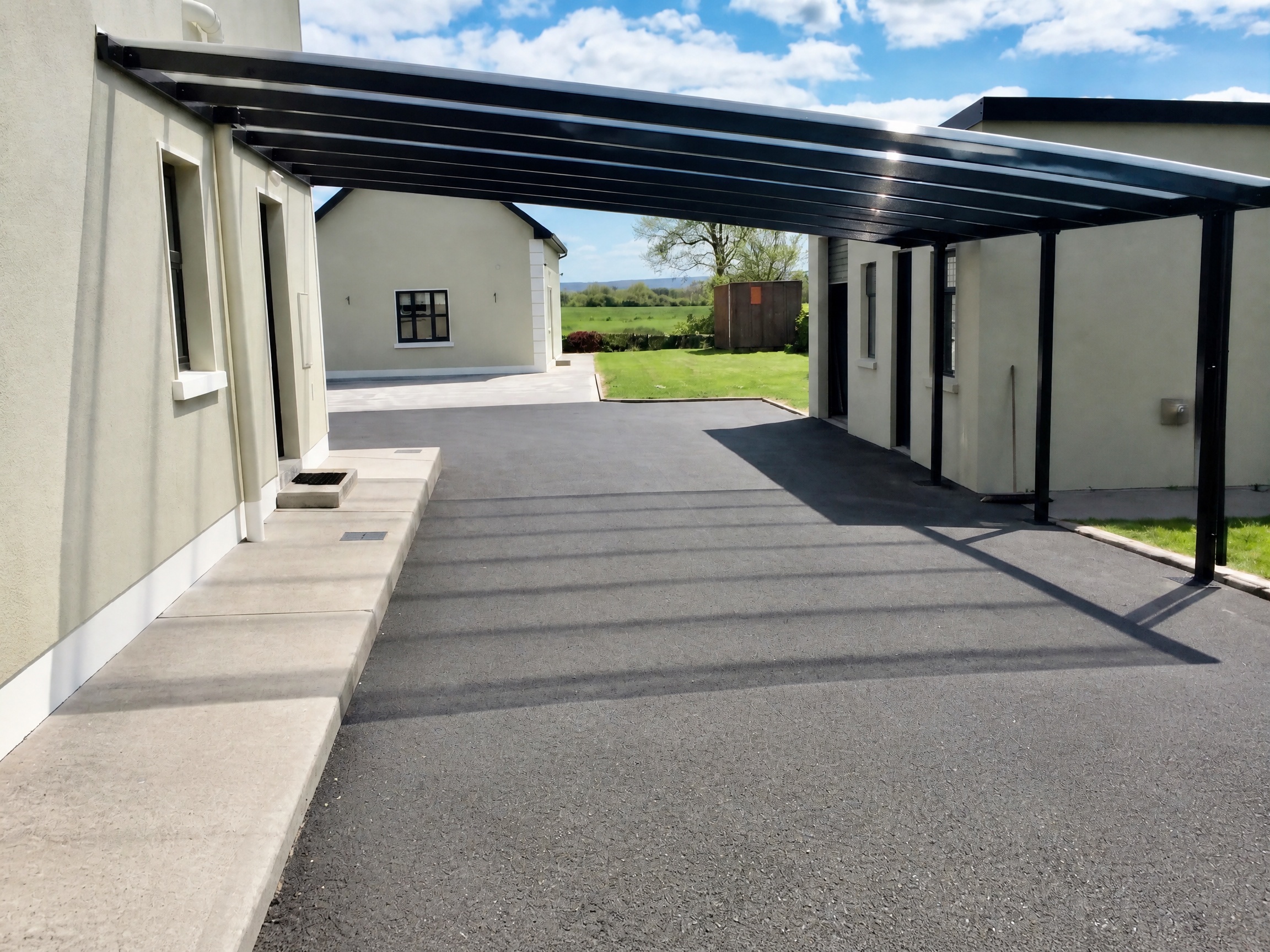 Wide navy-framed shelter beside a home